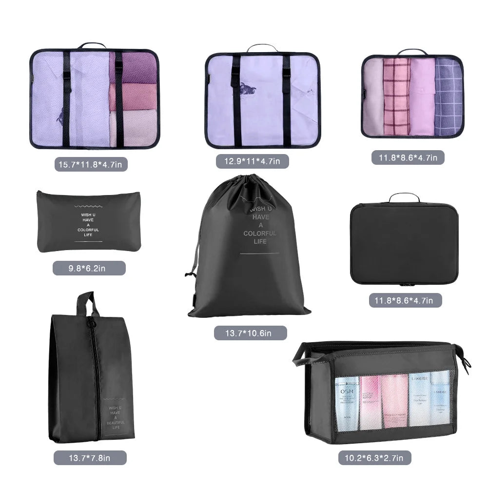 Packing Cubes for Travel, 8Pcs Travel Cubes Set Foldable Suitcase Organizer Lightweight Luggage Storage Bag, Black