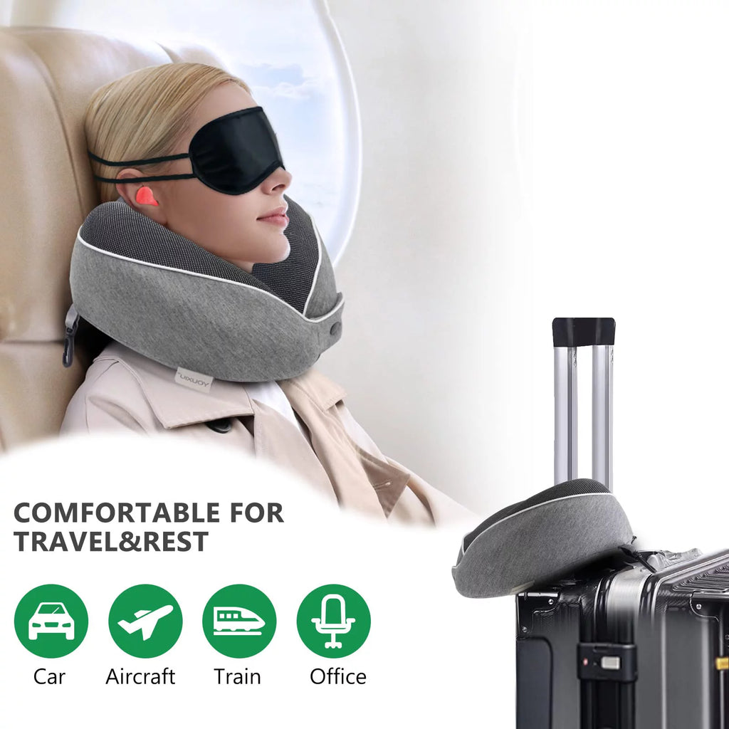 Travel Pillow, Memory Foam Travel Neck Pillow, 360° Ergonomic Support Function for Travel with Pillow, Mask, Earplugs, Storage Bag