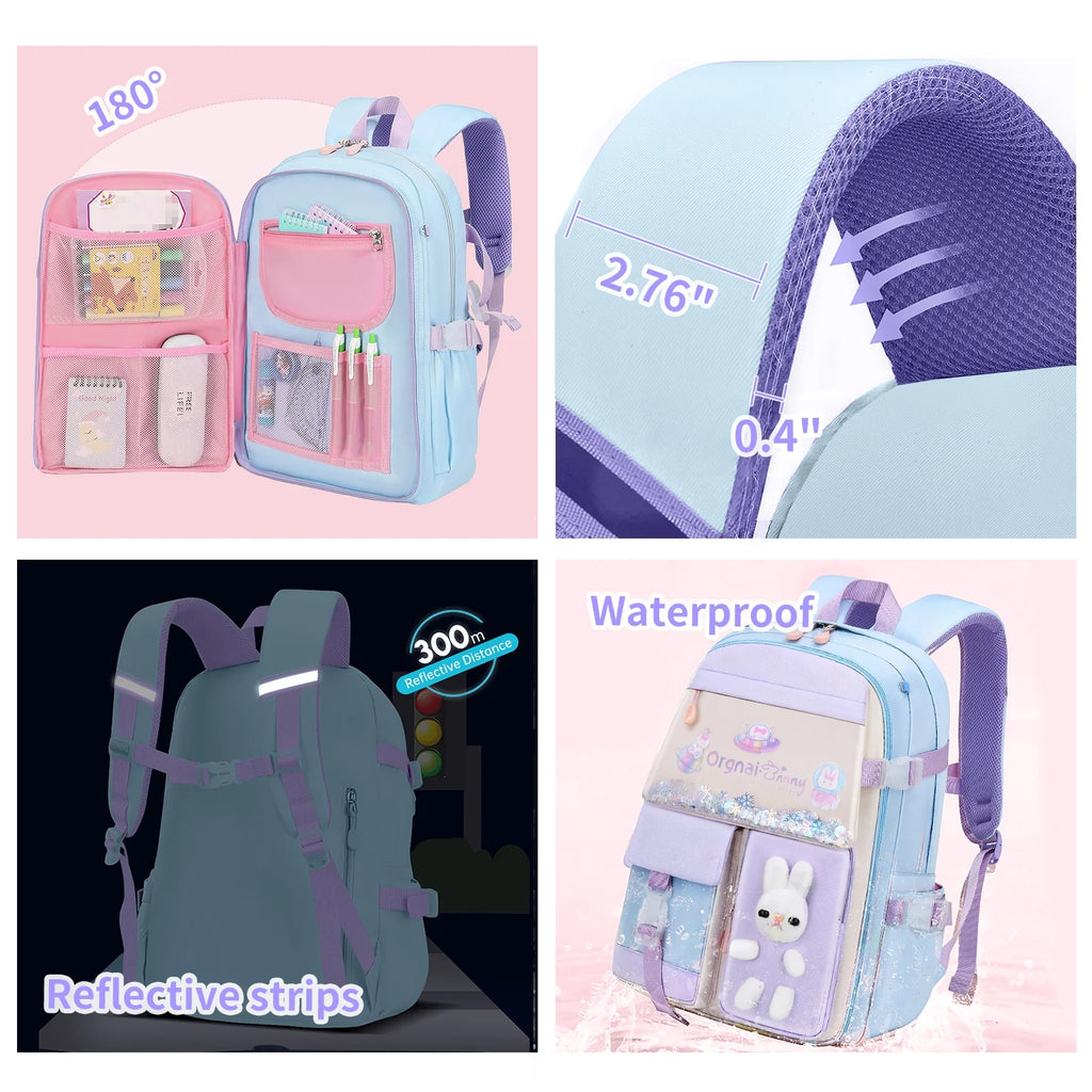 SANMADROLA Kids Backpacks for Girls Bunny Elementary School Backpack Cute Preschool Girls Backpack Laptop Bag Kindergarten School Bookbag, Blue