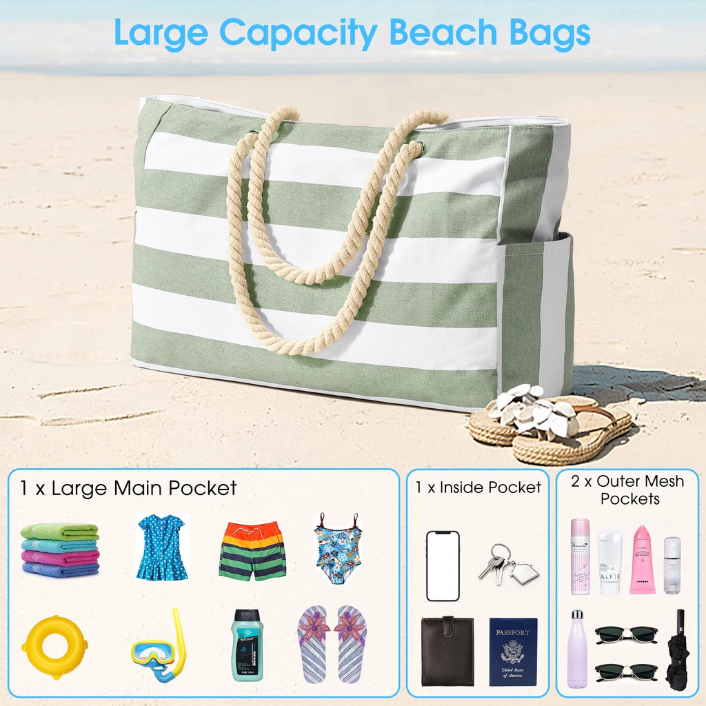 Large Waterproof Beach Tote for Women - Travel Weekender Bag with Zipper