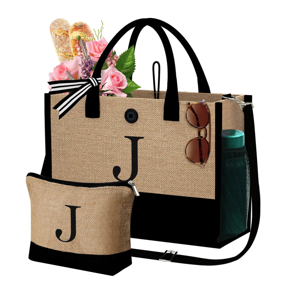 Initial Jute Tote Bag with Makeup Bag Beach Bag with Pockets Adjustable Strap Gifts for Her