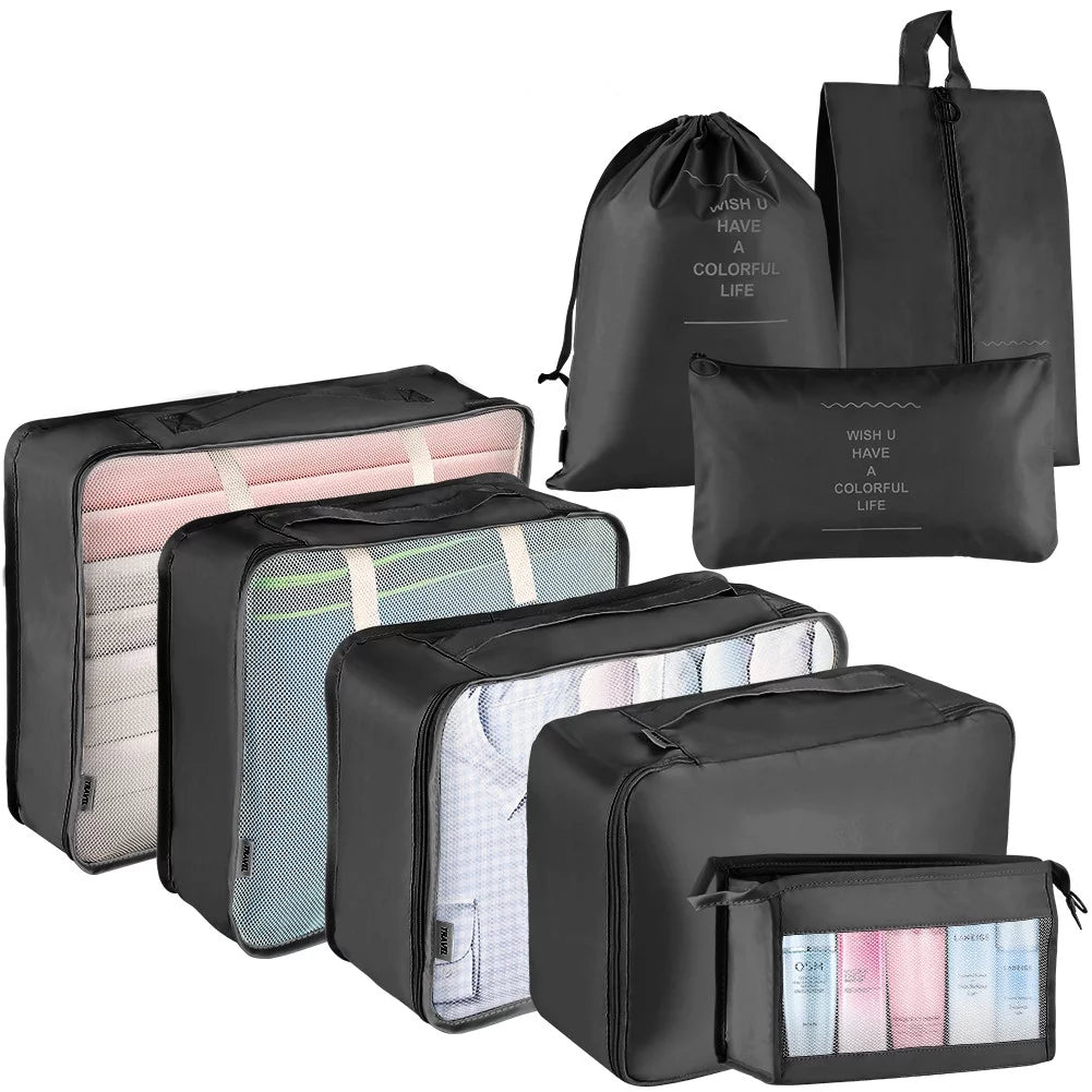 Packing Cubes for Travel, 8Pcs Travel Cubes Set Foldable Suitcase Organizer Lightweight Luggage Storage Bag, Black