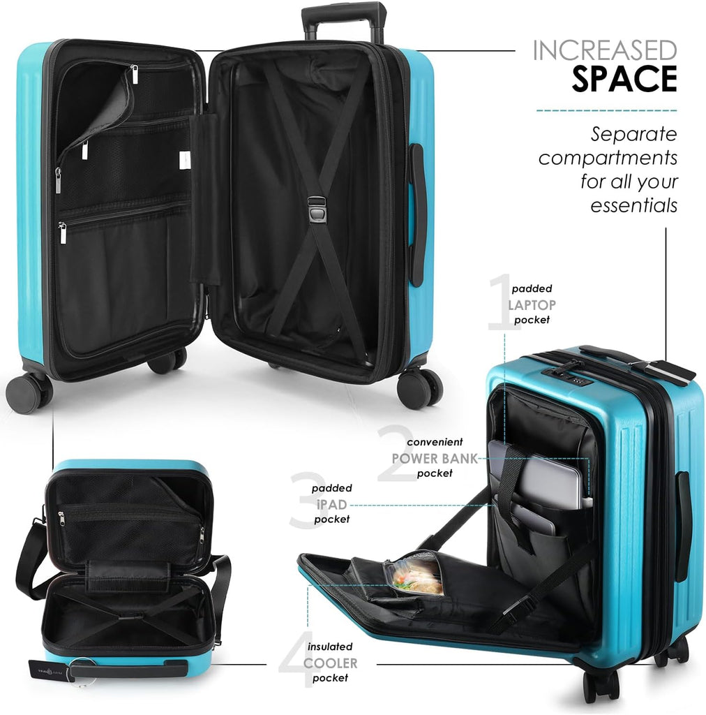 22 Inch Carry on Luggage 22X14X9 Airline Approved, Carry on Suitcase with Wheels, Hard-Shell Carry-On Luggage, Durable Luggage Carry On, Teal Small Suitcase with Cosmetic Carry on Bag