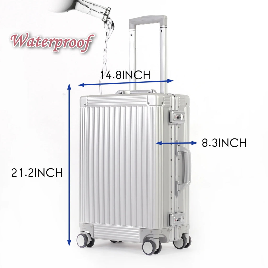 20" All-Aluminum Carry-On Luggage - Zipperless Hard Shell Suitcase with Silent 360° Spinner Wheels (Vertical Grain Style, Silver)