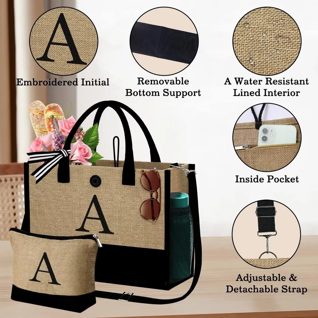 Initial Jute Tote Bag with Makeup Bag Beach Bag with Pockets Adjustable Strap Gifts for Her