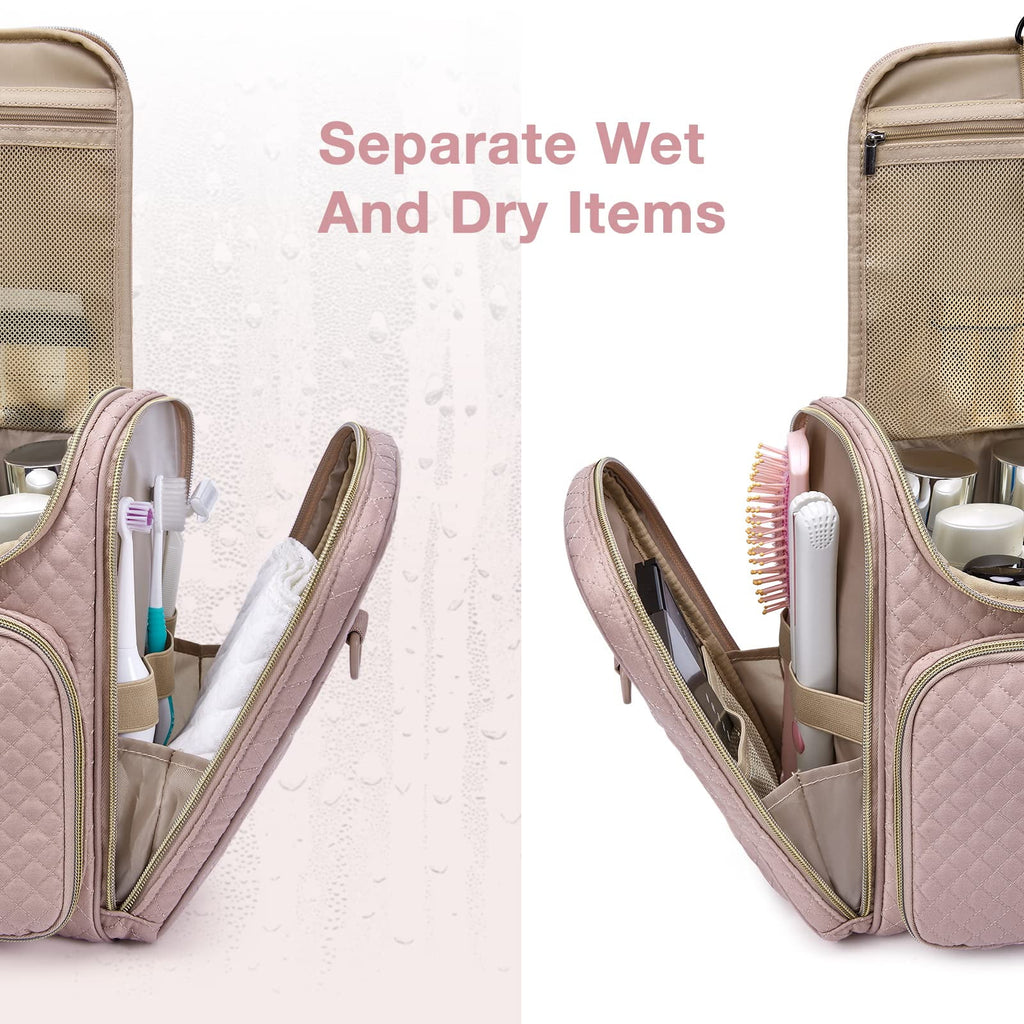 Extra Large Travel Toiletry Bag, Water-Resistant Makeup Cosmetic Bag with Hanging Hook, Travel Toiletries Accessories Organizer Essentials, Full Sized Container, Pink
