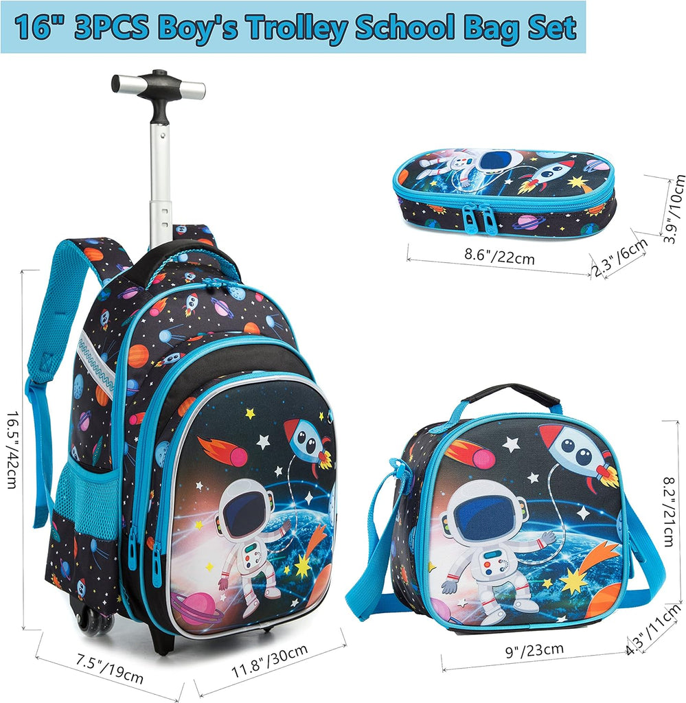 Astronaut Kids Rolling Backpack with Lunch Box for Boys & Girls, Wheeled Travel Suitcase, Blue - Top Travel