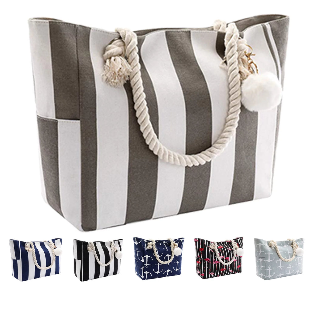 Extra Large Waterproof Beach Tote with Zipper Pockets - Blue Anchor