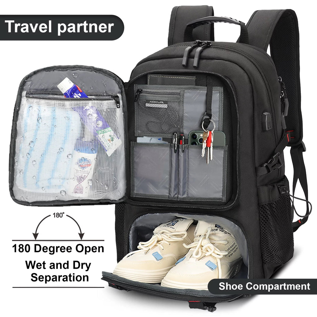 55L Expandable Travel Backpack, Unisex 18.4" Laptop Backpack with USB Charger Port, Extra Large Hiking Backpack with Shoes Compartment & Dry Wet Pocket Black - Top Travel