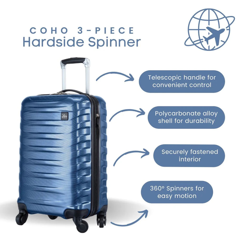 Luggage Coho Hardside 3-Piece Luggage Set with Spinner Wheels, Royal Blue