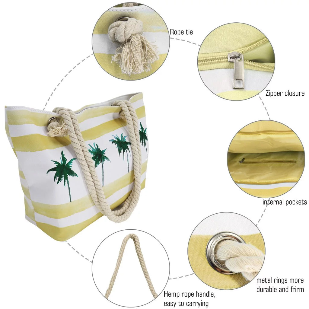 Large Beach Bag, Travel Twine Beach Tote Bags, Canvas Shoulder Tote Handbag-Palm Tree Tote
