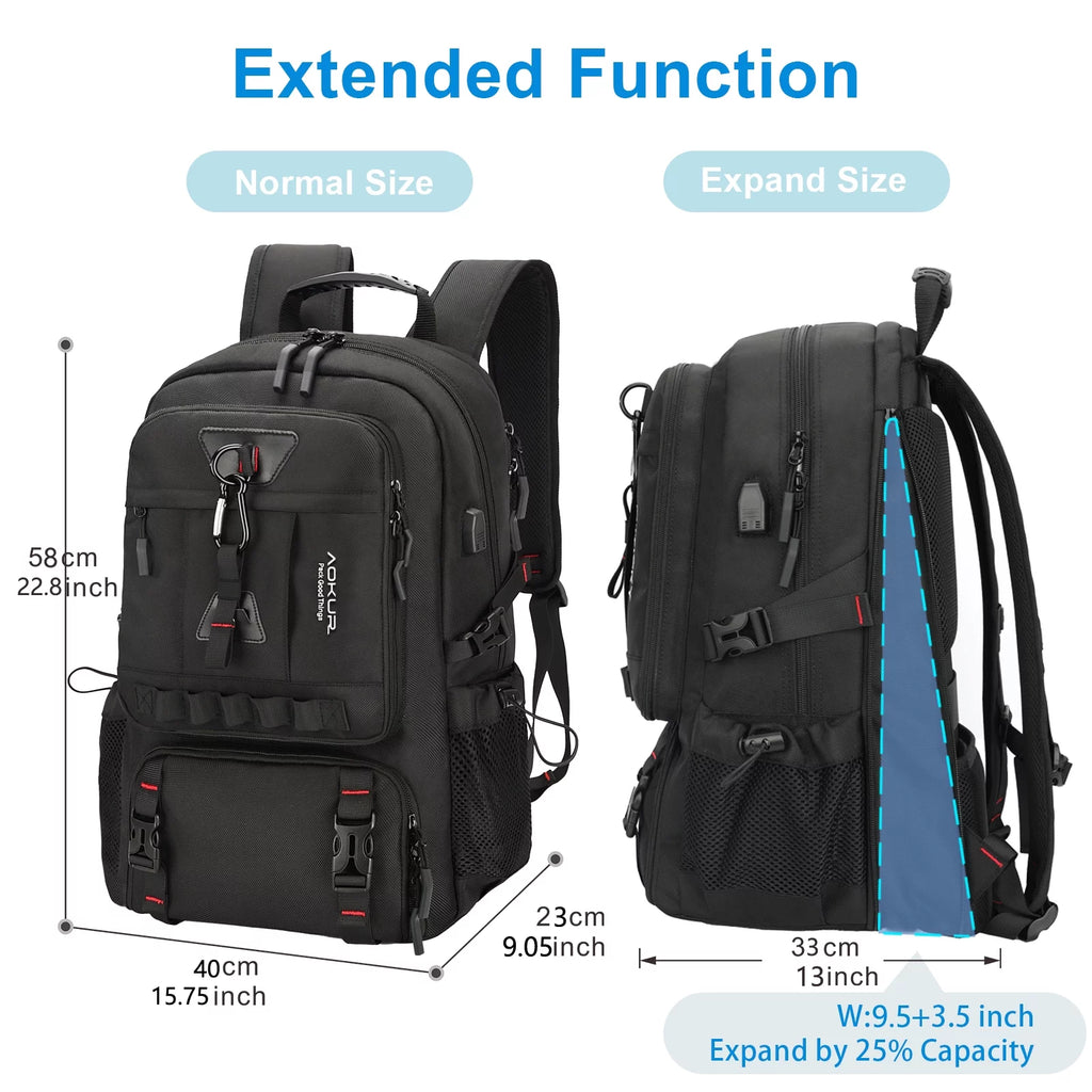 55L Expandable Travel Backpack, Unisex 18.4" Laptop Backpack with USB Charger Port, Extra Large Hiking Backpack with Shoes Compartment & Dry Wet Pocket Black - Top Travel