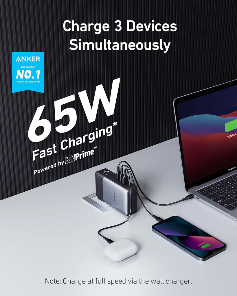 Anker Ganprime Power Bank, 2-In-1 Hybrid Charger, 10,000Mah 30W USB-C Portable Charger with 65W Wall Charger, Works for Iphone 15/15 Plus/15 Pro/15 Pro Max/14/13, Samsung, Pixel, Macbook, Dell