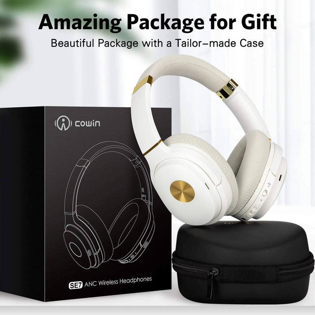 SE7 Active Noise Cancelling Headphones Bluetooth Headphones Wireless Headphones over Ear with Mic/Aptx, Comfortable Protein Earpads 30H Playtime, Foldable Headphones for Travel/Work - White