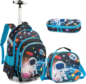 Astronaut Kids Rolling Backpack with Lunch Box for Boys & Girls, Wheeled Travel Suitcase, Blue - Top Travel