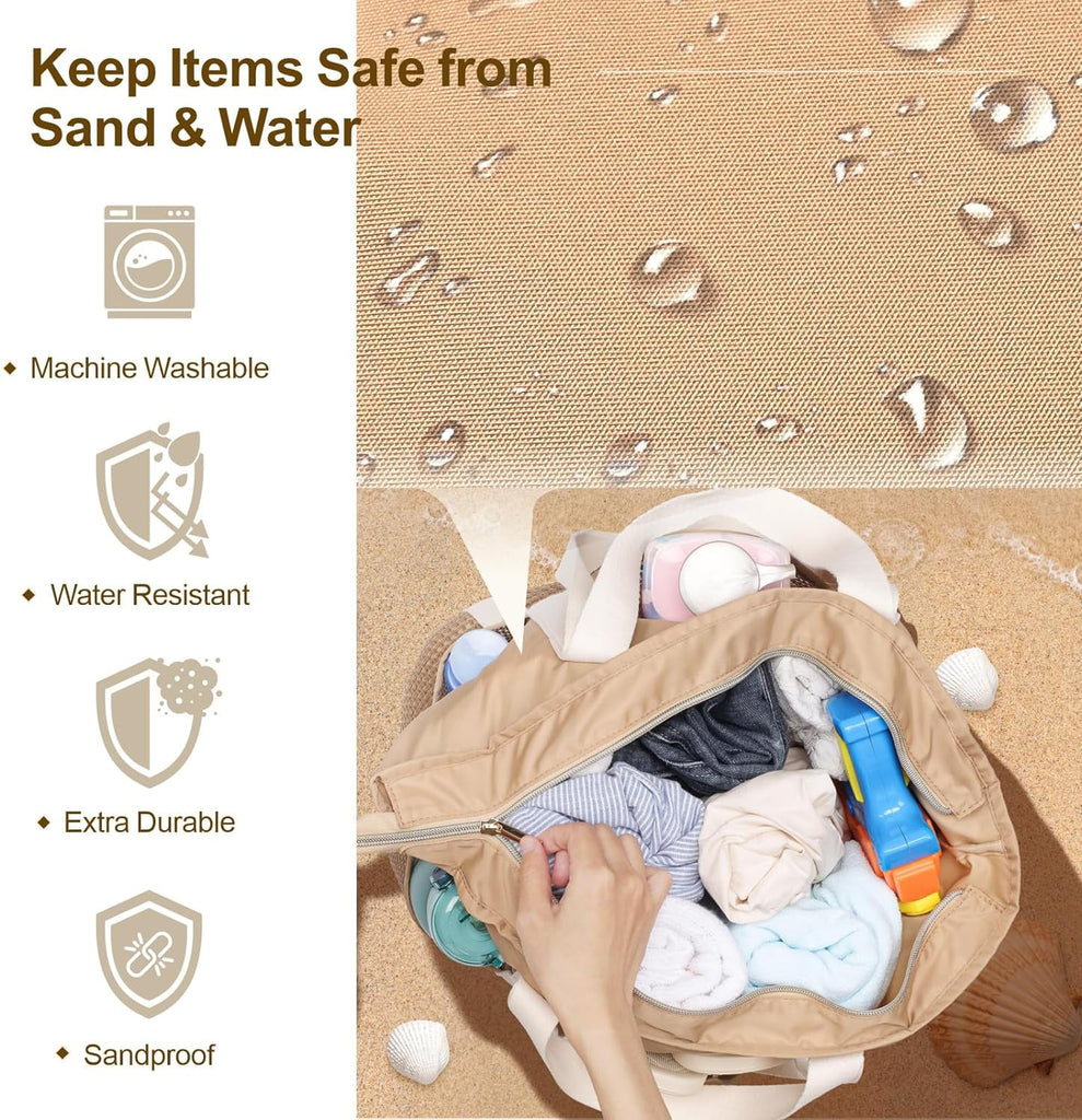 Waterproof Beach Bag with Zipper - 8 Pockets Sandproof Beach Tote Bag for Women, Carry on Tote Bag for Swim Cruise